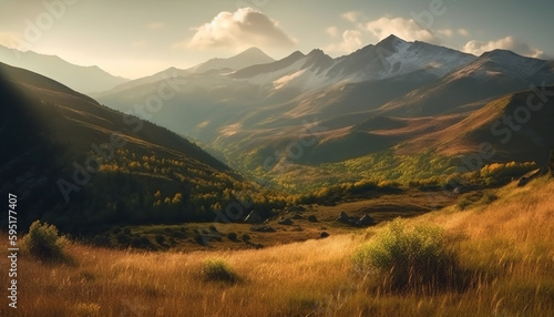 Majestic mountain range, tranquil meadow, serene sunset generated by AI © Stockgiu