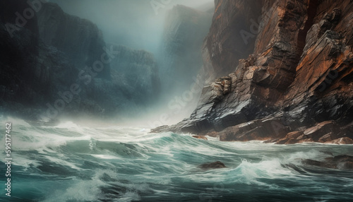 Majestic wave breaks on rocky coastline, spray splashing generated by AI