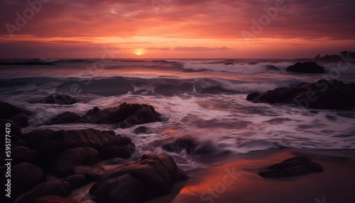 Dramatic sky over tranquil seascape at twilight generated by AI