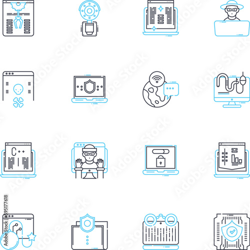 Web universe linear icons set. Connectivity, Interactivity, Accessibility, Integration, Innovation, Globalization, Virality line vector and concept signs. Digitization,Personalization,Crowdsourcing