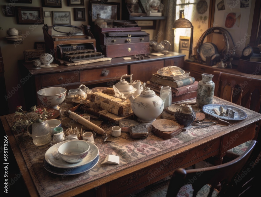A table with a collection of vintage items, such as antique teacups, an old typewriter, or a gramophone