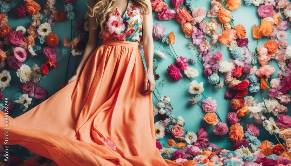 Fototapeta premium Young woman in floral dress exudes elegance generated by AI