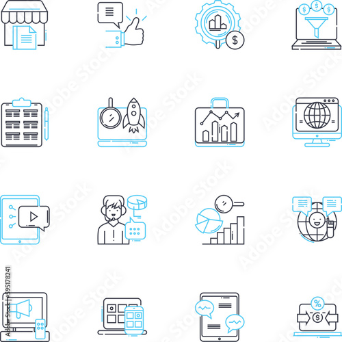 Content campaign linear icons set. Strategy, Messaging, Promotion, Engagement, Storytelling, Creativity, Copywriting line vector and concept signs. Visuals,Format,Platform outline illustrations