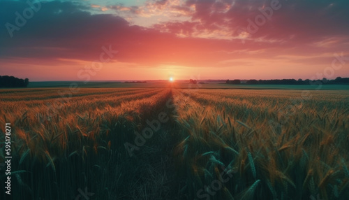 Golden wheat fields glow under dramatic sunset sky generated by AI