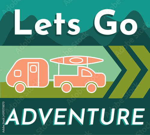 adventure advertising social media post with truck, teardrop camper and kayak	