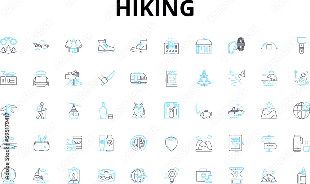 Hiking linear icons set. Trail, Summit, Scramble, Backpack, Trek, Waterfall, Breath-taking vector symbols and line concept signs. Adventure,Explore,Wilderness illustration Hiking linear icons set. Trail, Summit, Scramble, Backpack, Trek, Waterfall, Breath-taking vector symbols and line concept signs. Adventure,Explore,Wilderness illustration