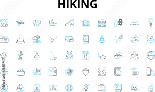 Hiking linear icons set. Trail, Summit, Scramble, Backpack, Trek, Waterfall, Breath-taking vector symbols and line concept signs. Adventure,Explore,Wilderness illustration