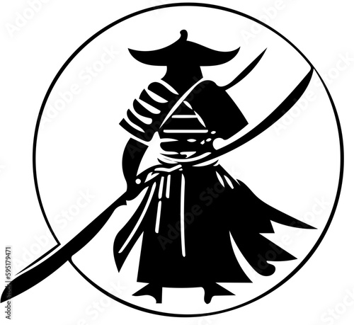 Japanese samurai logo in black and white, vector illustration of a warrior with vest and swords 