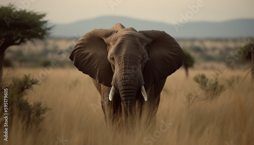 African elephant walking in savannah at sunset generated by AI