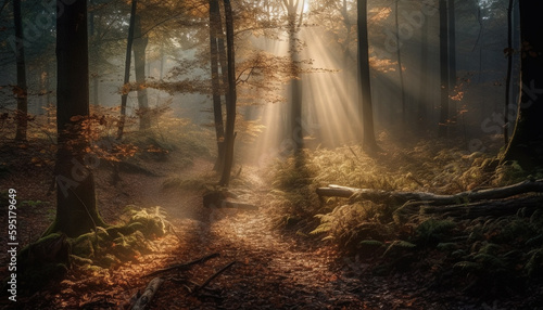 Mysterious forest, spooky autumn, tranquil wilderness dawn generated by AI