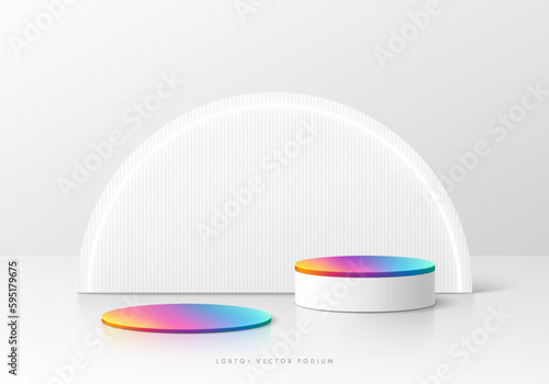 3D LGBTQ background with realistic white, colorful cylinder podium. Pride rainbow color in semi circle wall scene. Minimal mockup empty product display. Abstract vector 3D rendering. Stage showcase.