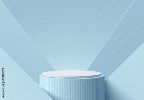 3D background with realistic blue, white cylinder stand podium and overlap triangles wall scene. Pastel minimal mockup product display. Abstract geometric platforms. Stage showcase. 3D vector render.