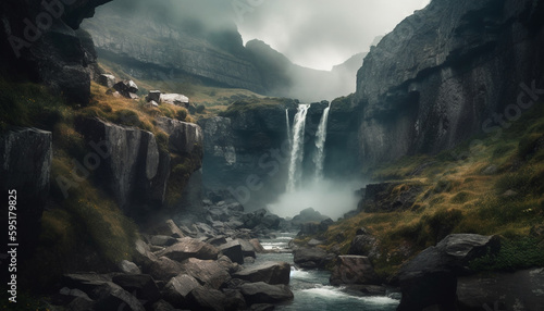 Majestic mountain range, flowing water, and fog generated by AI © Stockgiu