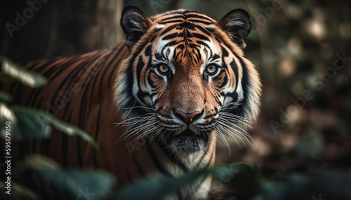 Bengal tiger staring, majestic beauty in nature generated by AI