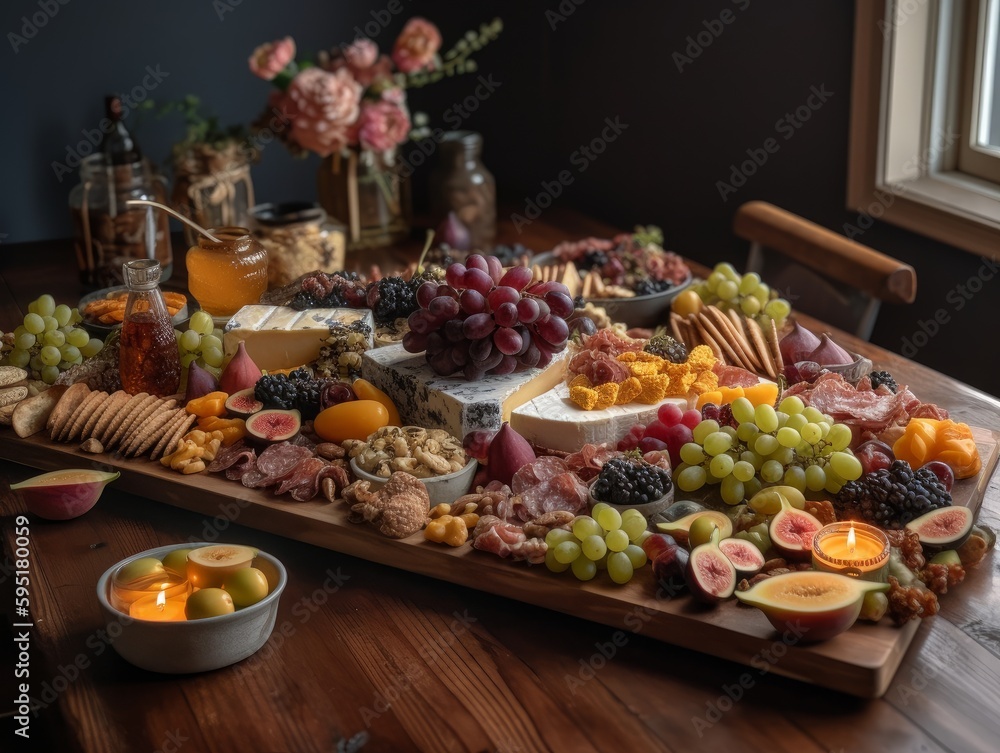 A table with a variety of cheese, crackers, and fruits, creating an appetizing charcuterie board