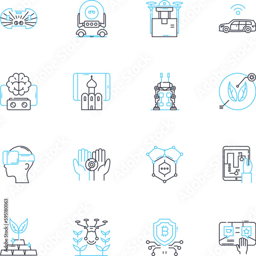 High-tech advancements linear icons set. Robotics, D printing, Nanotechnology, Quantum computing, Autonomous vehicles, Augmented reality, Virtual reality line vector and concept signs. Artificial