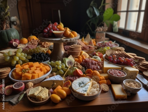 A table with a variety of cheese, crackers, and fruits, creating an appetizing charcuterie board