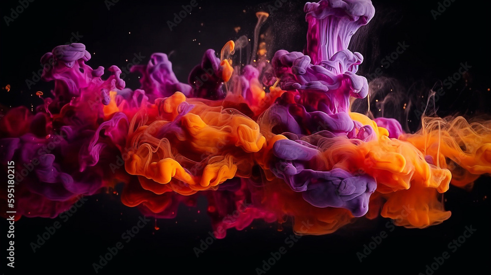 Moment of explosion. Colors of ink liquid. Fiery amber colors marbleized liquified, poured, fluid color dynamic Generative AI image