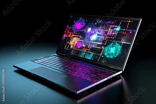 Colorful laptop with analytic data on black background. Created with generative AI.
