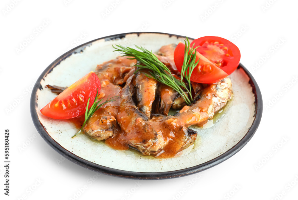 Plate with canned fish in tomato sauce isolated on white background