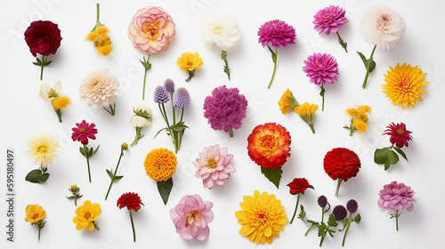 Variety different colors of flowers on white background. Generative AI image