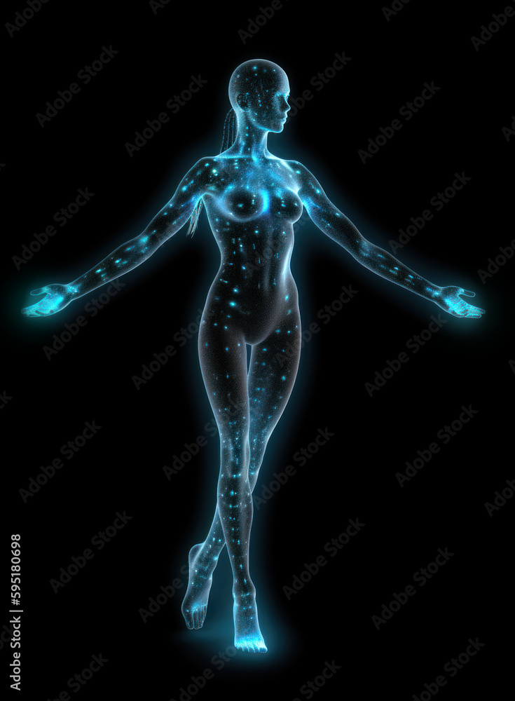 Technological hologram of a woman greeting. AI generation