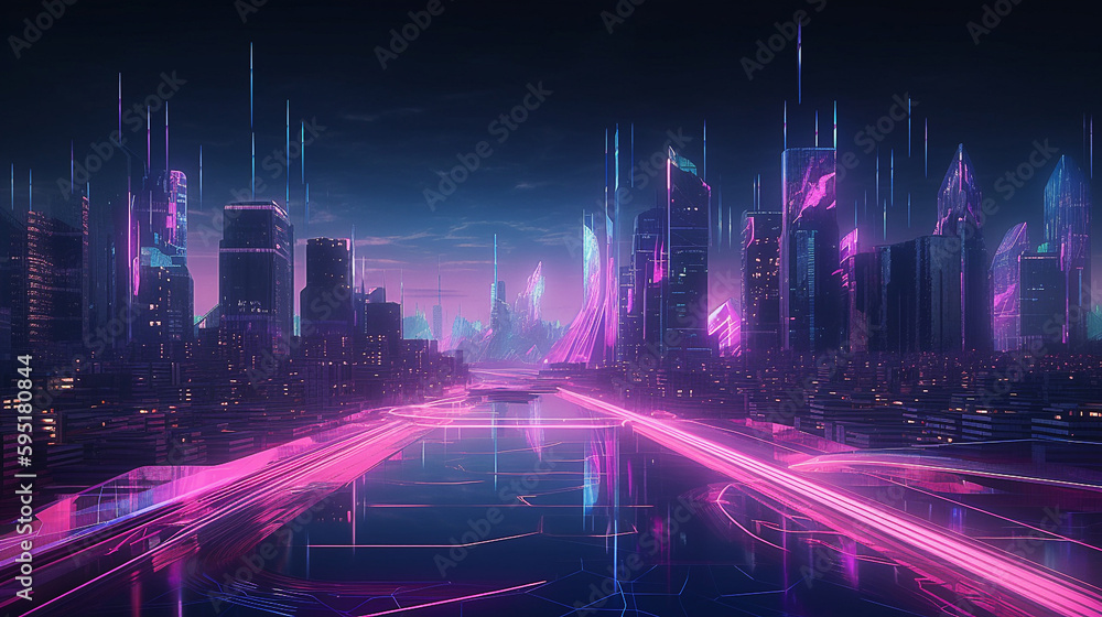 Full of ultra light beam around, cyber futuristic city in PCB style