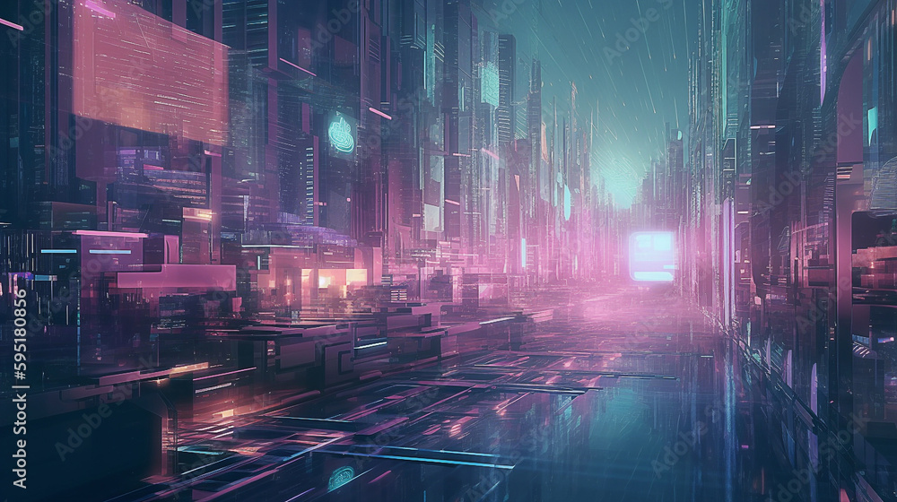 Full of ultra light beam around, cyber futuristic city in PCB style. Generative AI image