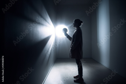 GENERATIVE AI an Image of a Person Standing in a Dark Room, Emphasizing the Contrast between Darkness and Light photo