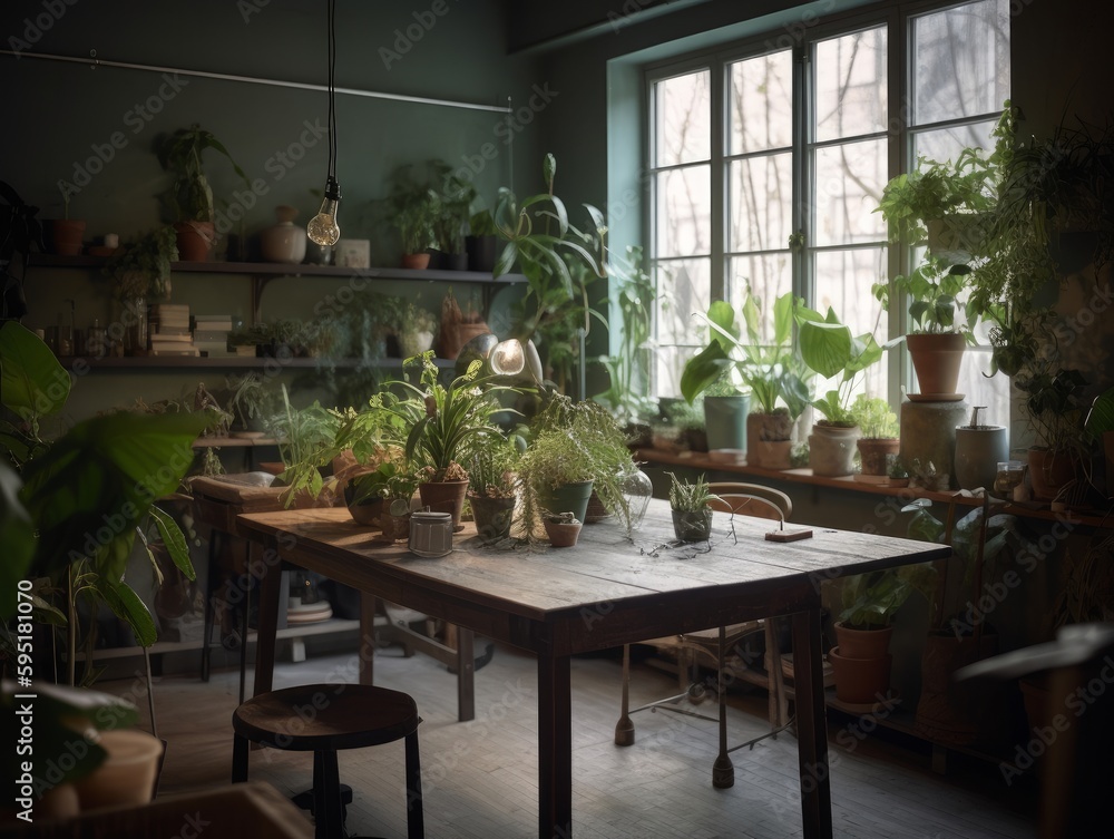 A calming and green atmosphere is created by a table adorned with potted plants