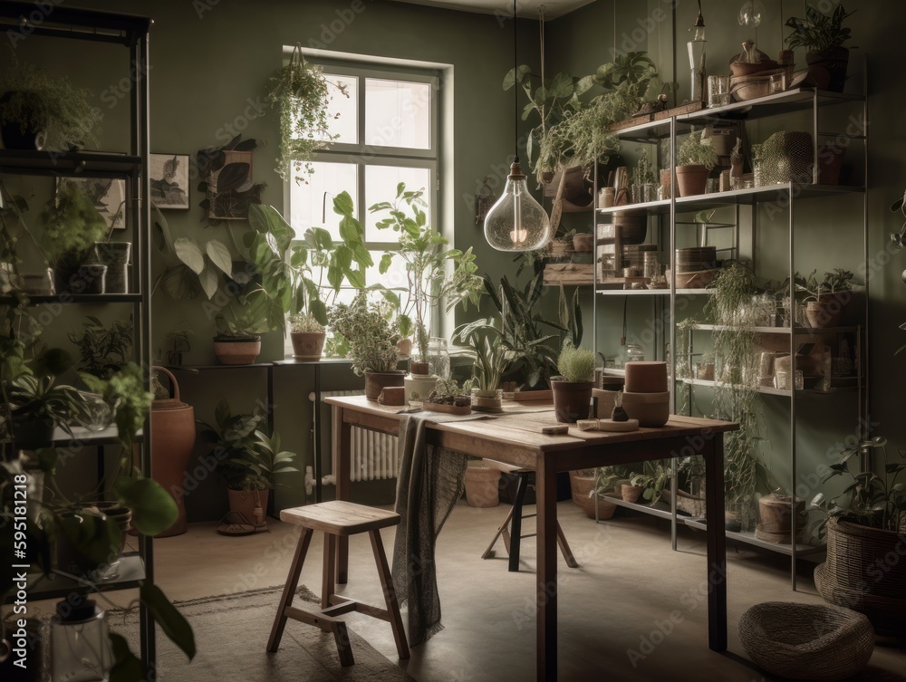 Fototapeta premium A calming and green atmosphere is created by a table adorned with potted plants