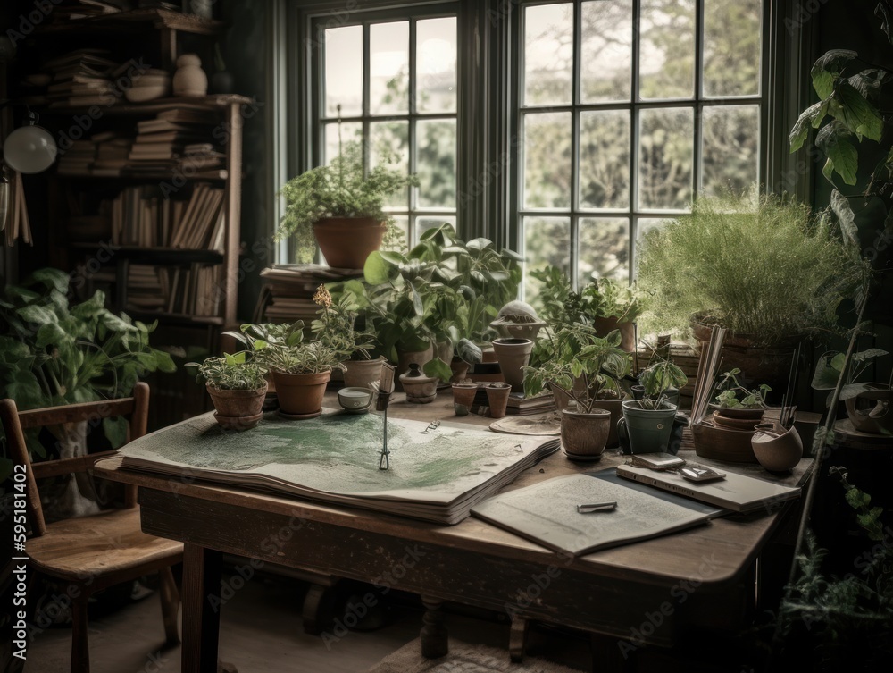 A calming and green atmosphere is created by a table adorned with potted plants