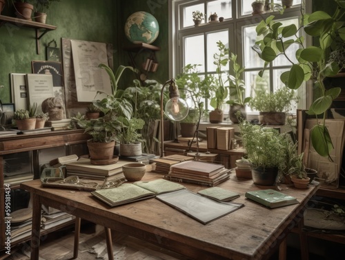 A calming and green atmosphere is created by a table adorned with potted plants