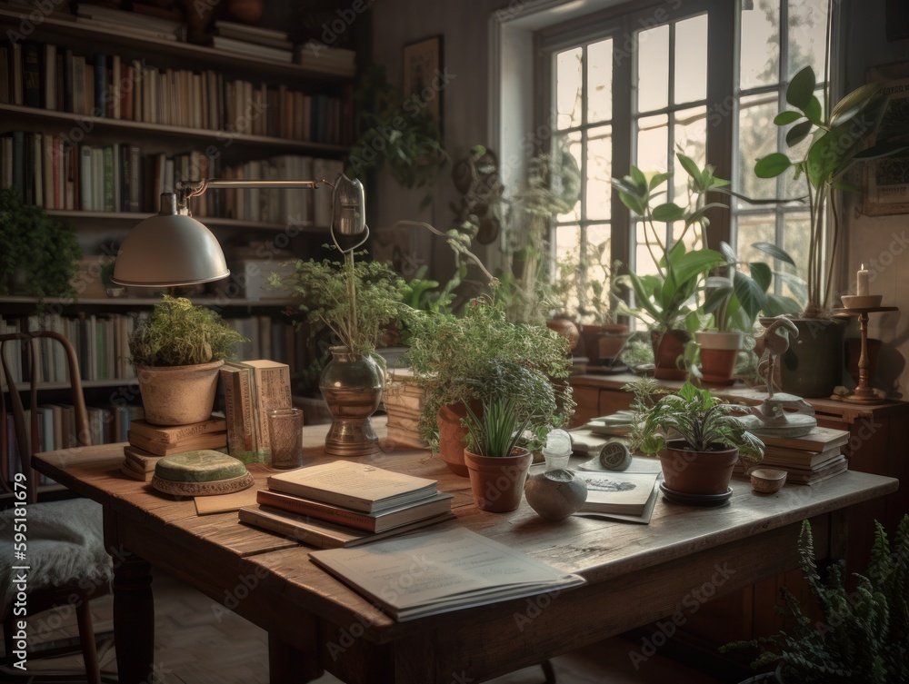 Fototapeta premium A calming and green atmosphere is created by a table adorned with potted plants
