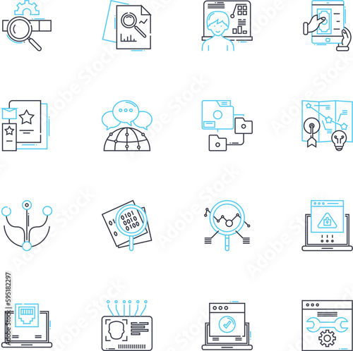 Market forecasting linear icons set. Prediction, Analysis, Trend, Estimate, Projection, Forecast, Analytics line vector and concept signs. Futuristic,Outlook,Anticipation outline illustrations