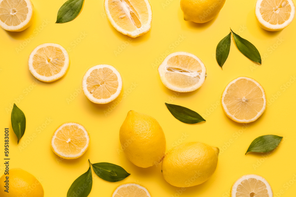 Fototapeta premium Composition with fresh lemons on yellow background