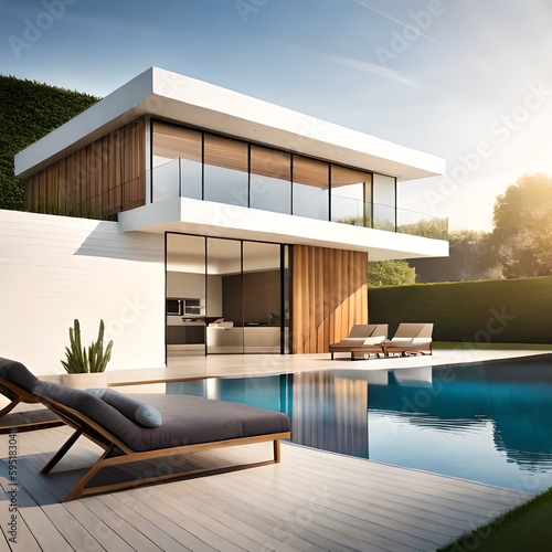 interior modern house with luxury beds and accessories with fantastic pool © enrique