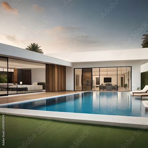 interior modern house with luxury beds and accessories with modern pool © enrique