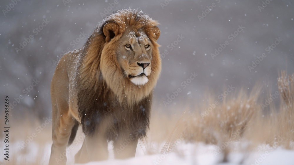 Obraz premium A lion in bad snowy weather