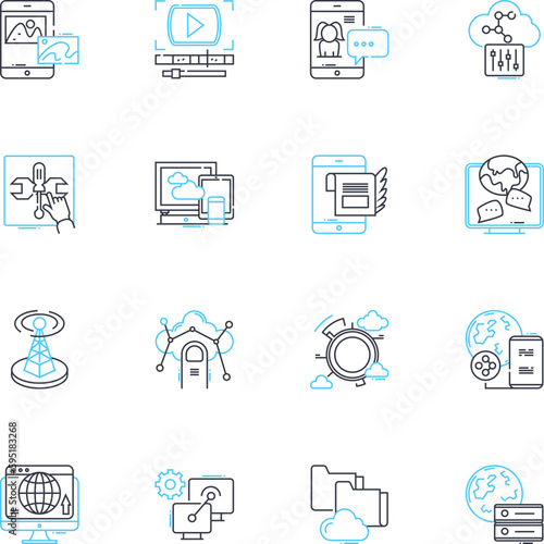 Digital nerking linear icons set. Nerking, Connectivity, Online, Collaboration, Socializing, Webinars, Communities line vector and concept signs. Interact,Influencers,Sharing outline illustrations