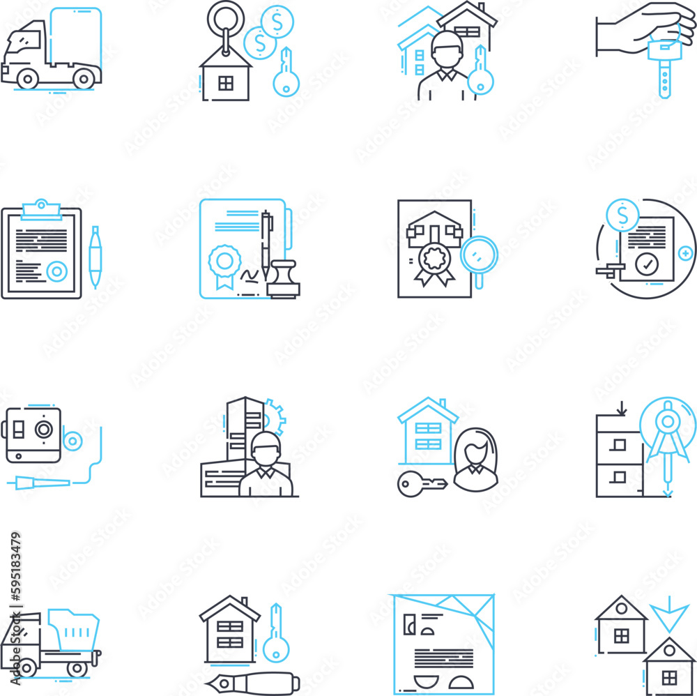 Real estate for sale linear icons set. Property, Home, House, Condo, Land, Investment, Mortgage line vector and concept signs. Income,Equity,Rent outline illustrations