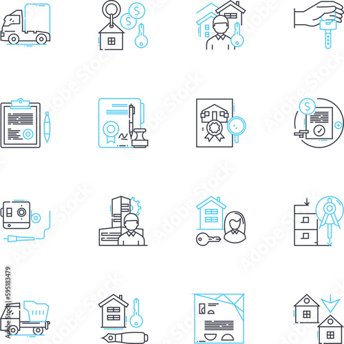 Real estate for sale linear icons set. Property, Home, House, Condo, Land, Investment, Mortgage line vector and concept signs. Income,Equity,Rent outline illustrations