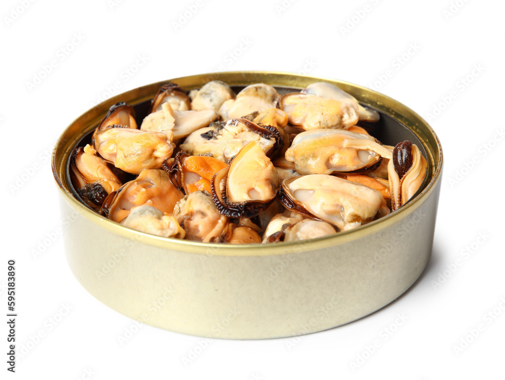 Opened tin can with mussels isolated on white background Opened tin can with mussels isolated on white background