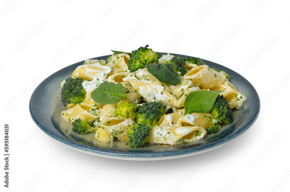 Plate with tasty pasta and broccoli on grey background Plate with tasty pasta and broccoli on grey background