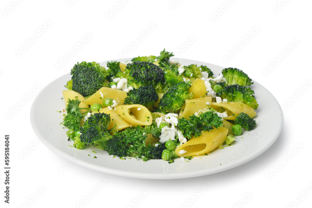 Plate with tasty pasta and broccoli on grey background Plate with tasty pasta and broccoli on grey background