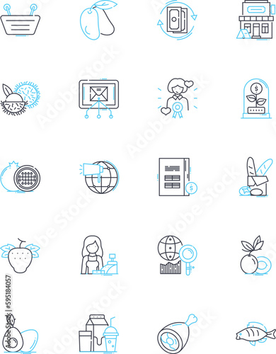 Trading hubs linear icons set. Markets, Exchanges, Auctions, Bids, Offers, Prices, Trades line vector and concept signs. Deals,Brokers,Platforms outline illustrations