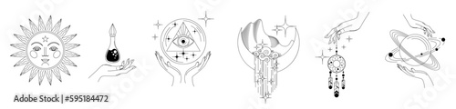 Mystical and sky-minimalistic graphics set. Set of esoteric magical alchemy elements such as female hands, sun, moon, dream catcher, magic ball