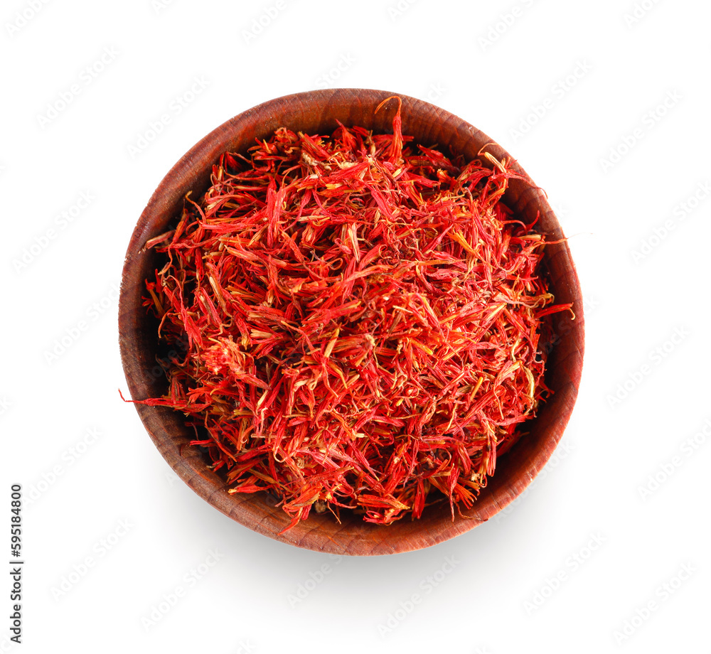 Fototapeta premium Wooden bowl with pile of saffron on white background