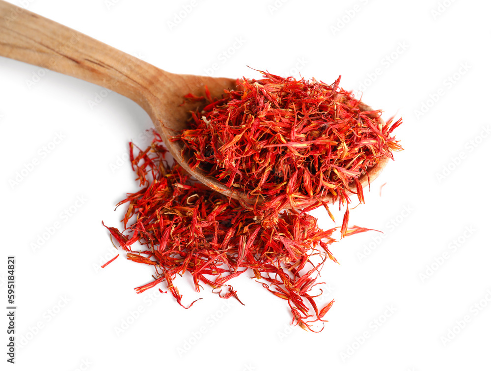 Fototapeta premium Wooden spoon with pile of saffron on white background