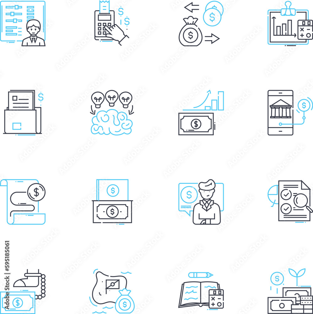 Equity trading linear icons set. Stocks, Trading, Market, Investments, Portfolio, Assets, Risk line vector and concept signs. Return,Bull,Bear outline illustrations